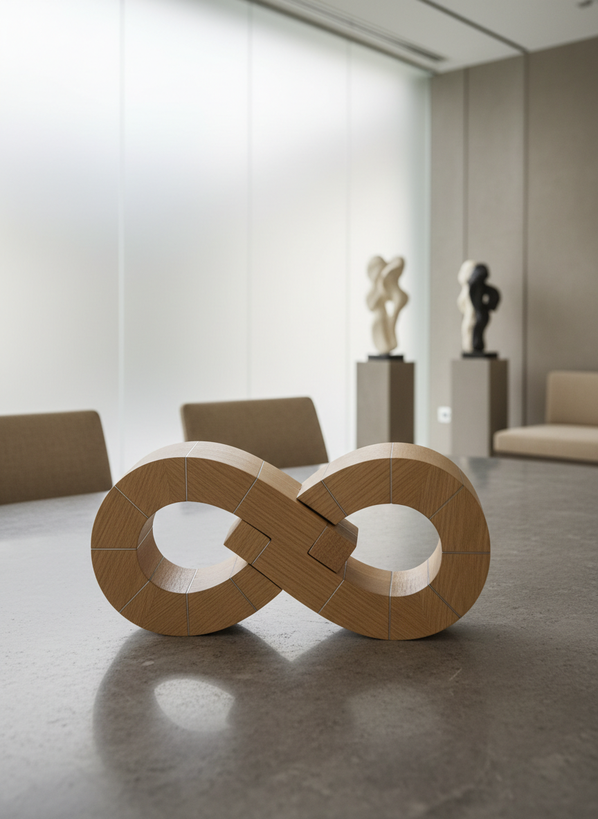 A set of elegant, interlocking wooden puzzle pieces with a satin-finish, light oak veneer rests on a smooth, gray stone conference table, perfectly aligned near the focal point. Subtle metallic inlays add a refined texture, catching the soft, diffused light that enters through a frosted glass wall. The surrounding space is clean and uncluttered, with strategically placed modern decor in neutral palettes. Shot from a slightly elevated angle with moderate depth of field, the composition emphasizes embrace and harmony. This serene, professional scene visually represents nuanced relationship building, using photographic realism and clean lines that echo the site's coaching ethos.
