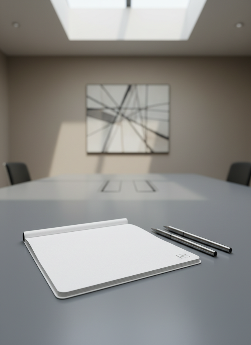 A crisp white notepad with rounded corners lies open on a refined slate-grey boardroom table, flanked by two brushed stainless steel pens parallelly placed. The notepad’s pages are blank yet slightly textured, inviting action. A neutral beige wall, accented by a minimalistic abstract art piece, forms the backdrop. Daylight pours in from a ceiling skylight above, creating crisp shadows and soft highlights across the desktop. The camera frame uses a rule-of-thirds layout, focusing on the notepad and pens with sharp clarity and subtle bokeh in the background, exuding focus, potential, and professionalism in photographic realism—mirroring the site’s dedication to tailored relationship solutions.